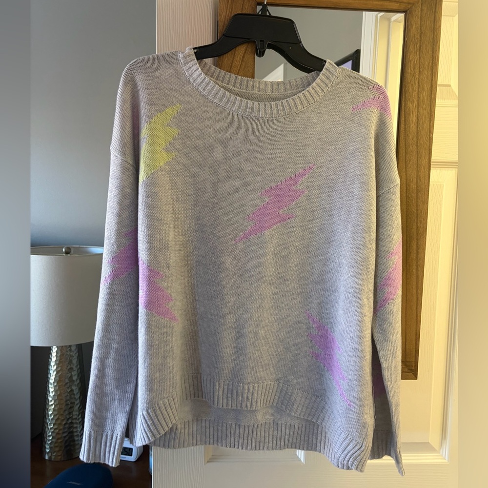 Women's Lightning Pattern Sweater - Gray with Pink and Yellow Accents